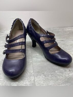 Hush Puppies Mary Jane Heels‎ Womens 6W Purple Good Triple Strap Ruffle Leather